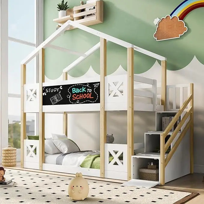 Twin Over Twin Bunk Bed With Drawers And Shelf Playhouse