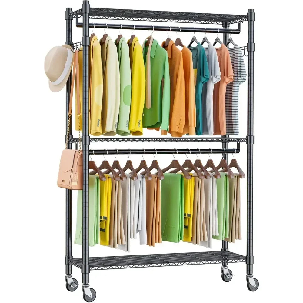 HUANZHUANG Mobile Wardrobe Rack With 3 Shelves And Side Hooks