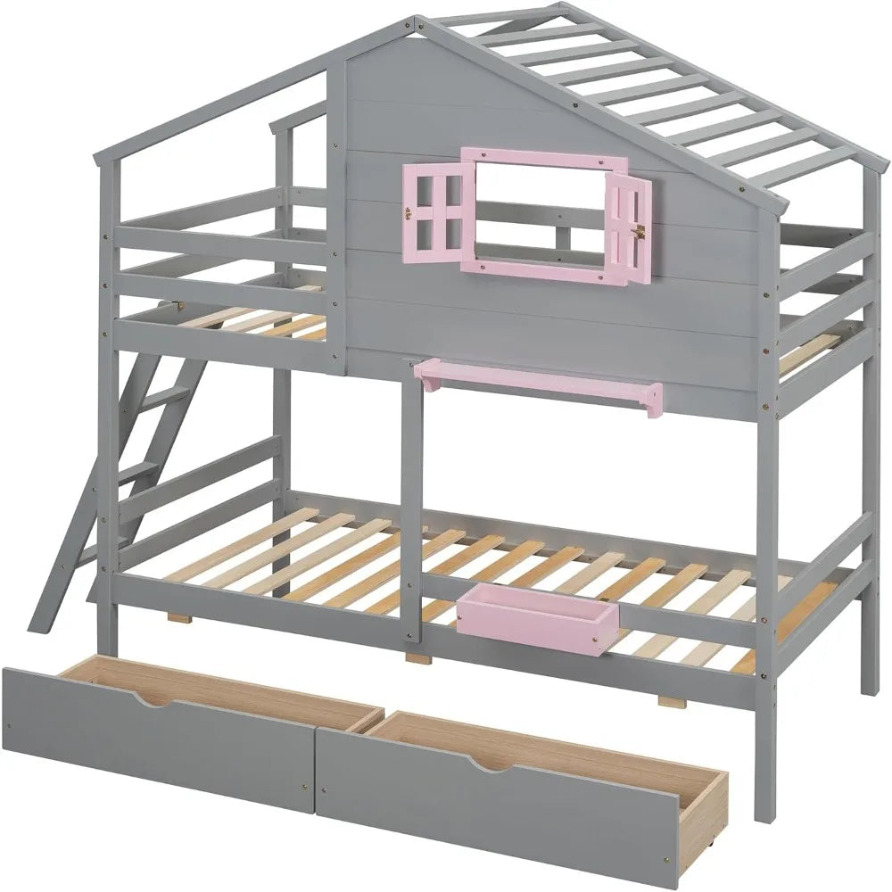 Twin Over Twin Bunk Bed With Drawers And Shelf Playhouse