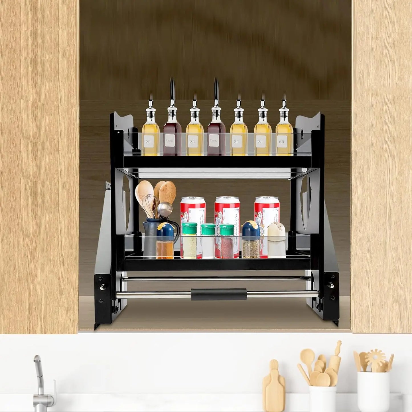 Pull Down Cabinet Organizer 2-Tier Heavy-Duty Shelf