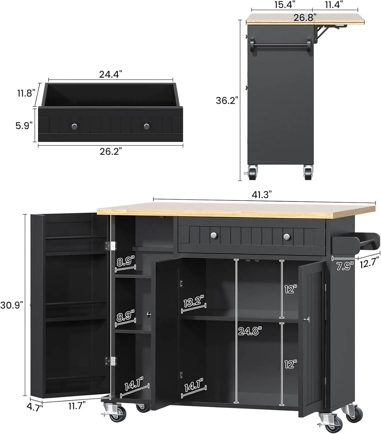 XMSJ Kitchen Island With Drop Leaf On Wheels And Storage