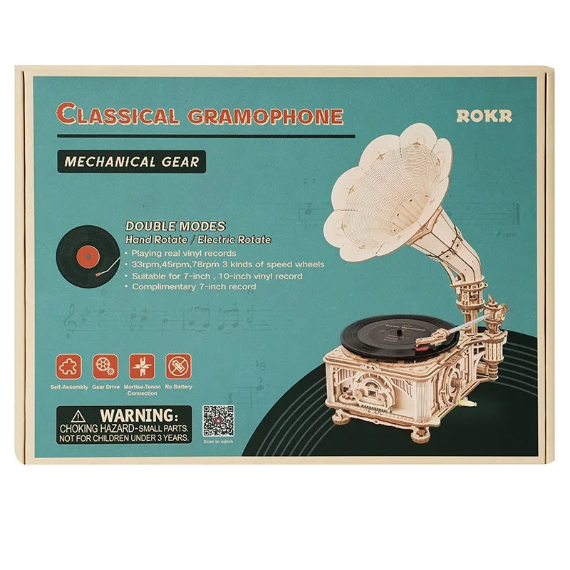 Robotime Hand Crank Gramophone Wooden Model Kit 424 Pieces