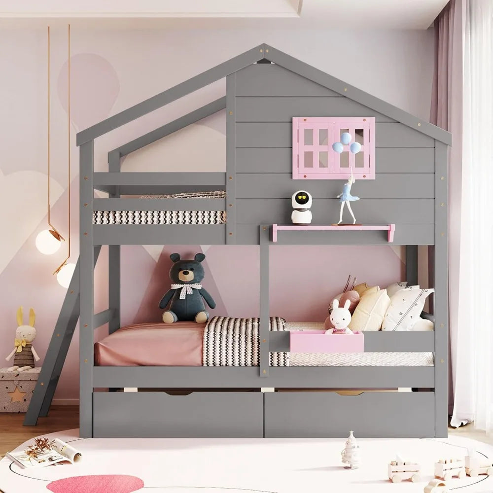 Twin Over Twin Bunk Bed With Drawers And Shelf Playhouse