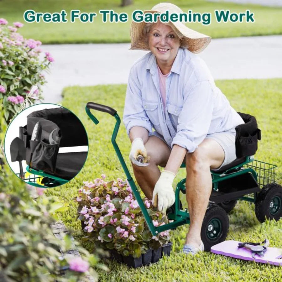 Rolling Garden Cart With Cushioned Backrest And Swivel Seat