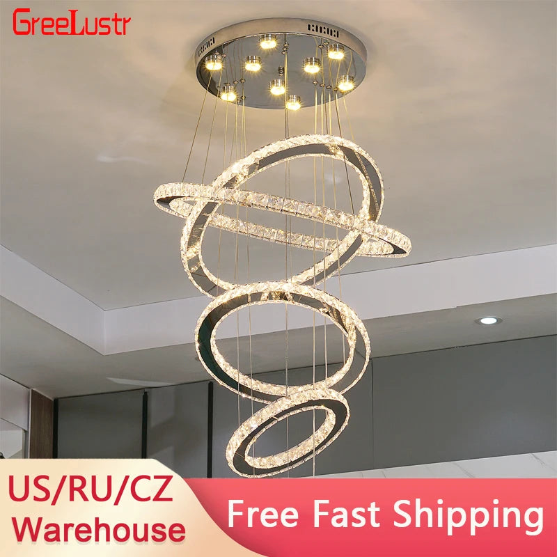 GreeLustr Five Ring Crystal LED Modern Chandelier Lamp
