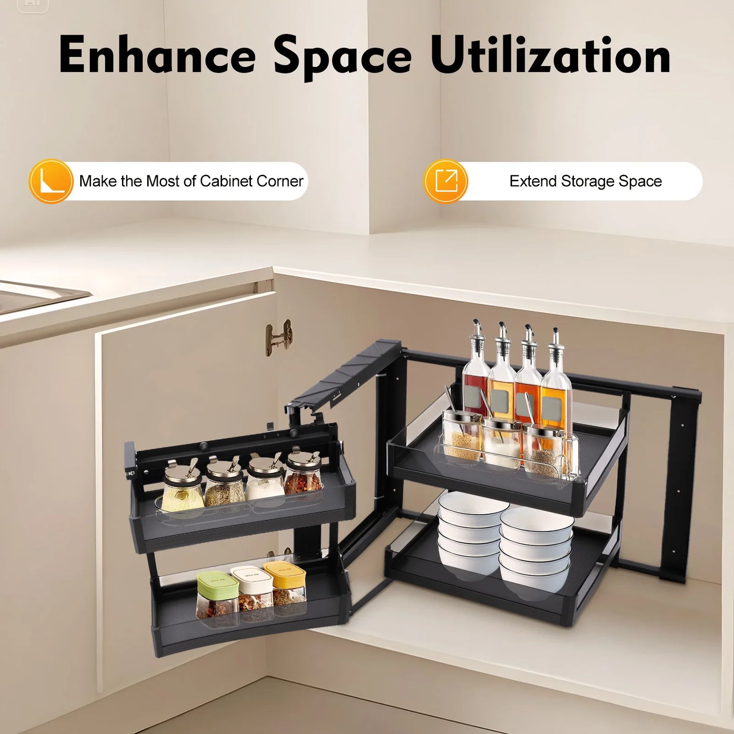 Kitchen Corner Cabinet Pull Out Organizer With 4 Baskets And Swing Tray