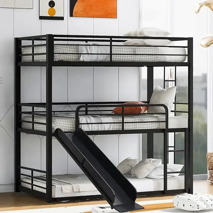 Twin Over Twin Metal Bunk Bed With Slide And Guardrail