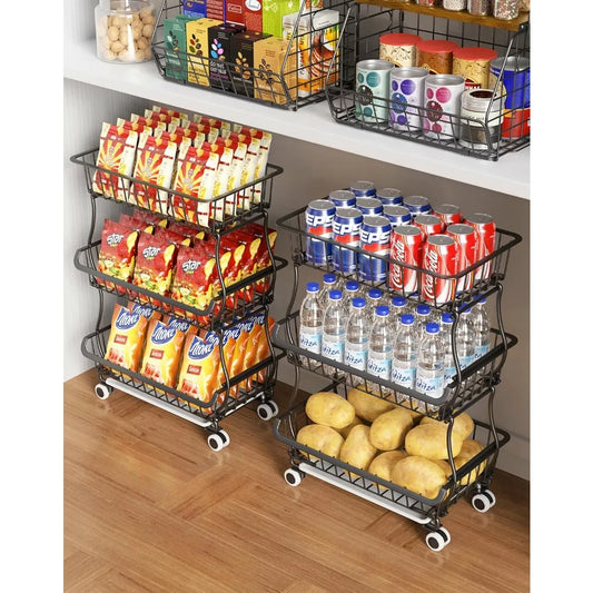 Pantry Organizer Cart With Wheels Stackable Wire Baskets