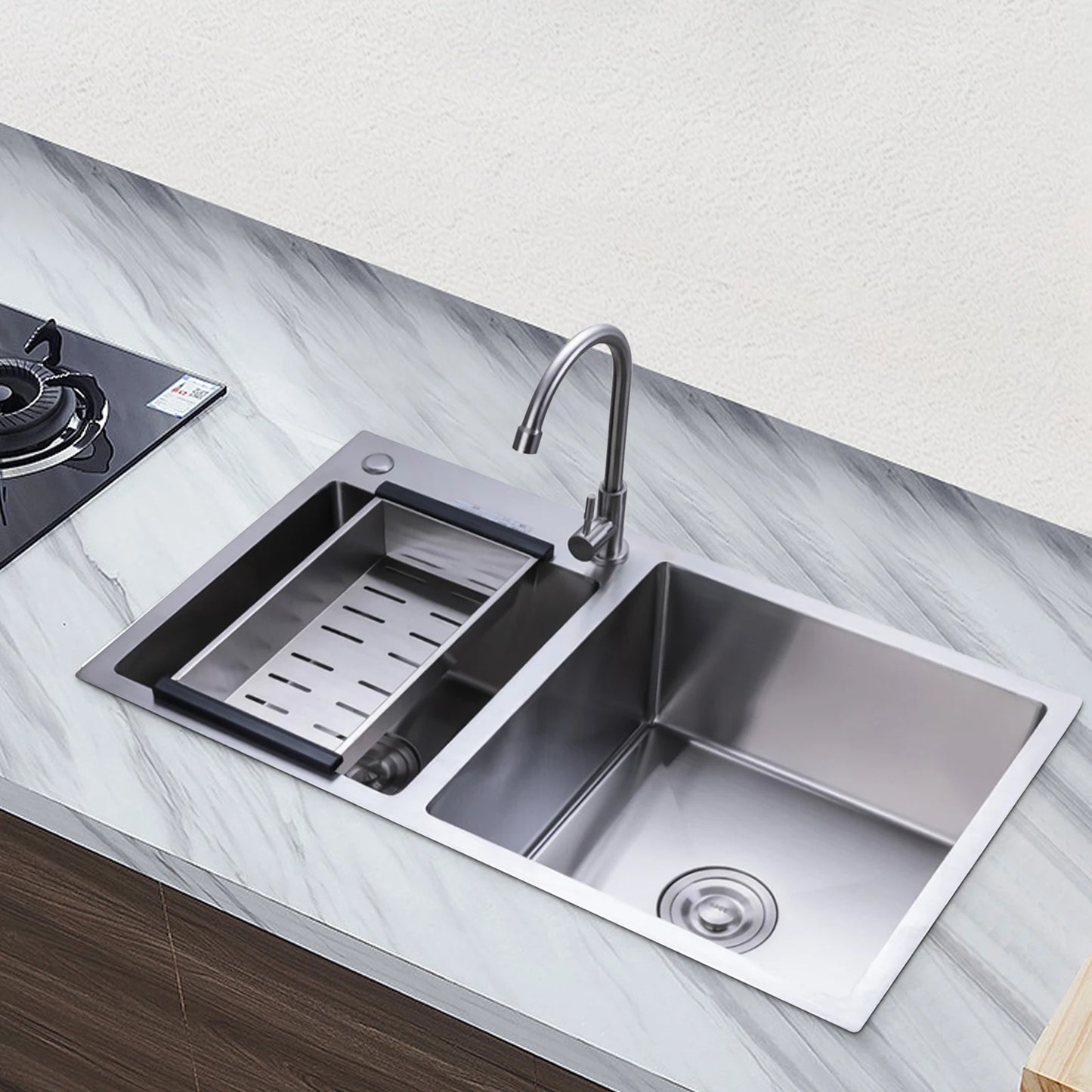 Downpipe Stainless Steel Double Bowl Kitchen Sink Anti Corrosion Basket