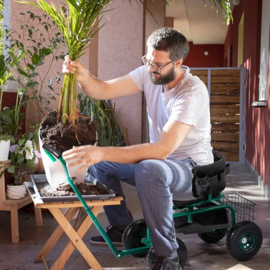Rolling Garden Cart With Cushioned Backrest And Swivel Seat