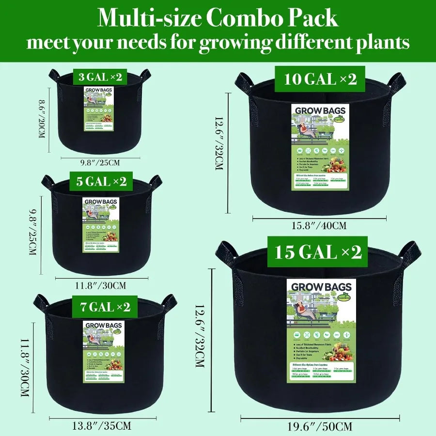 Mixed Size Fabric Grow Bags For Garden Plants 3 5 7 10 Gal