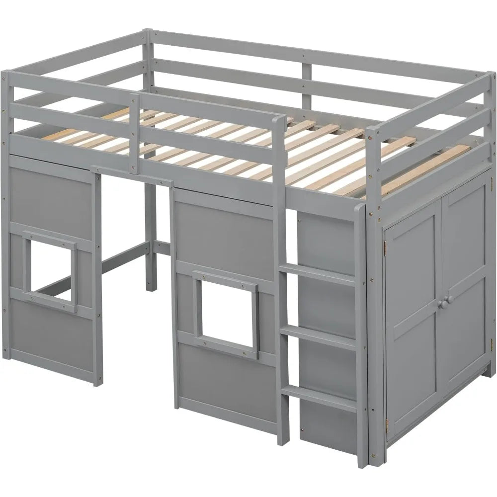 Merax Wood Loft Bed With Storage Wardrobe And 2 Windows