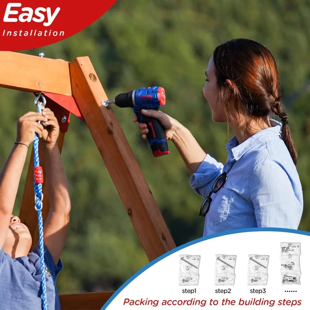 Wooden Backyard Swing Set With Sand Pit And Climbing Wall