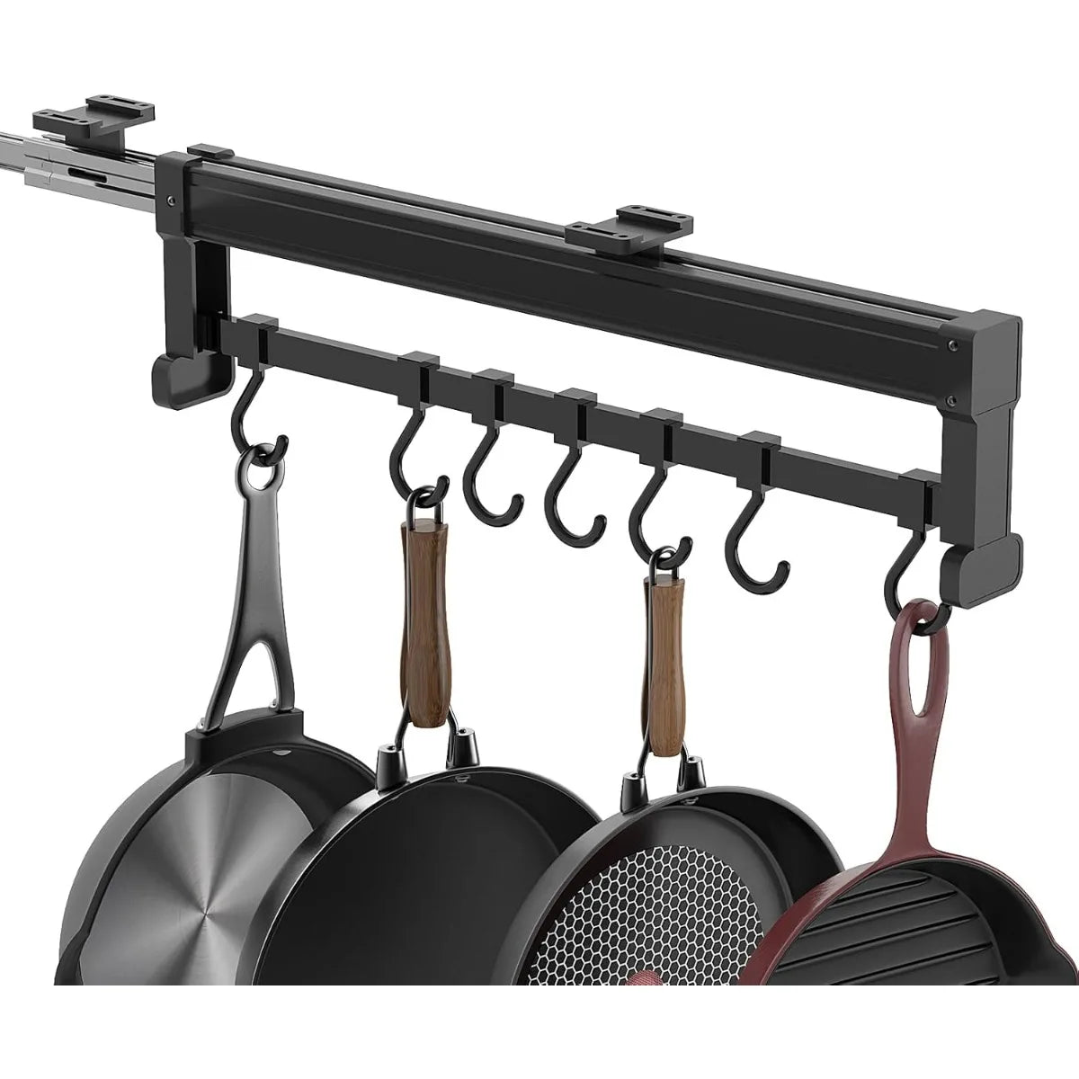 Adjustable Pot Rack With 7 Hooks Pull Out Pan Organizer