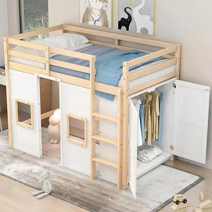 Merax Wood Loft Bed With Storage Wardrobe And 2 Windows