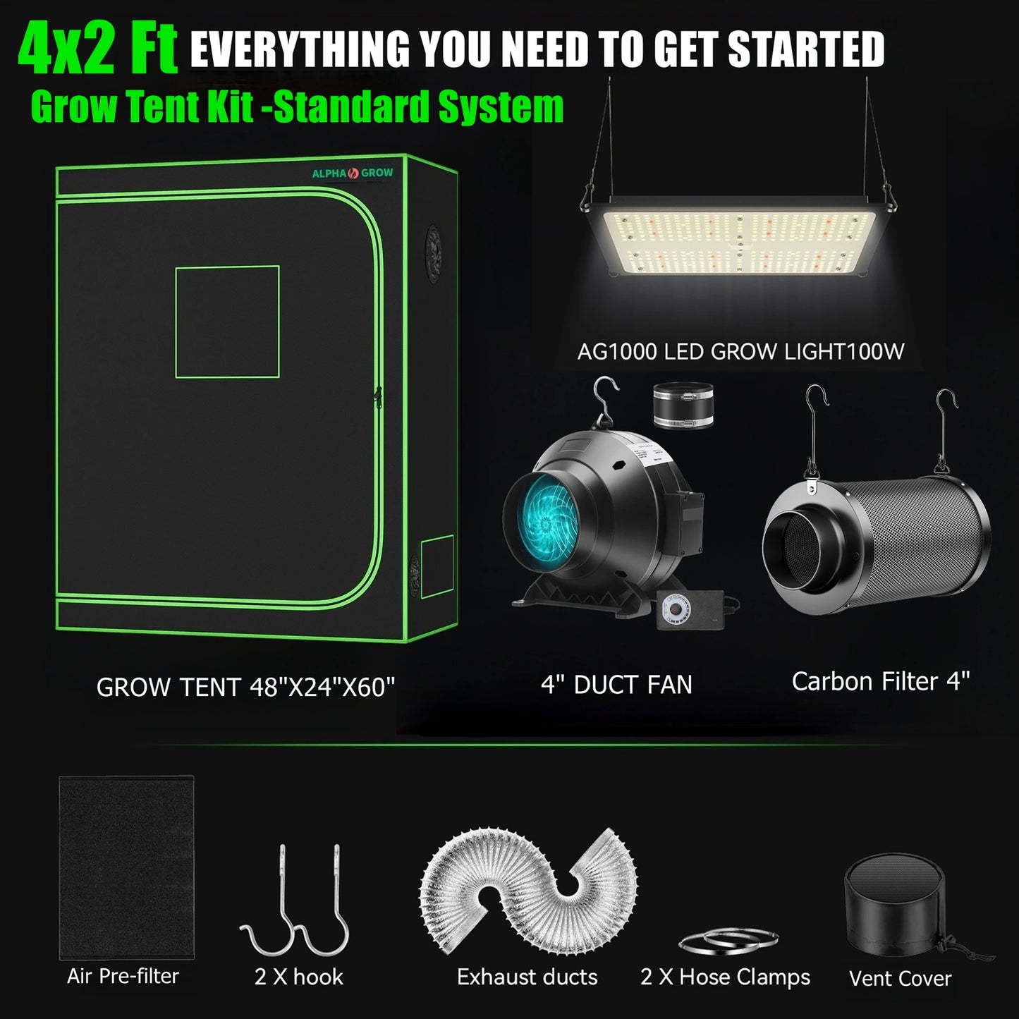 Alphagrow Grow Tent Kit With Inline Fan And Carbon Filter