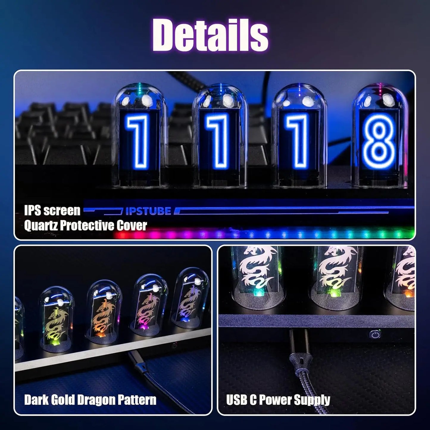 Aiopp Night Light Nixie Tube Clock Kit 12 24h Display IPS