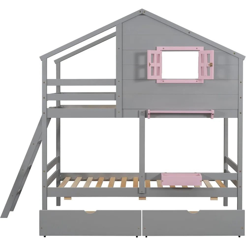 Twin Over Twin Bunk Bed With Drawers And Shelf Playhouse