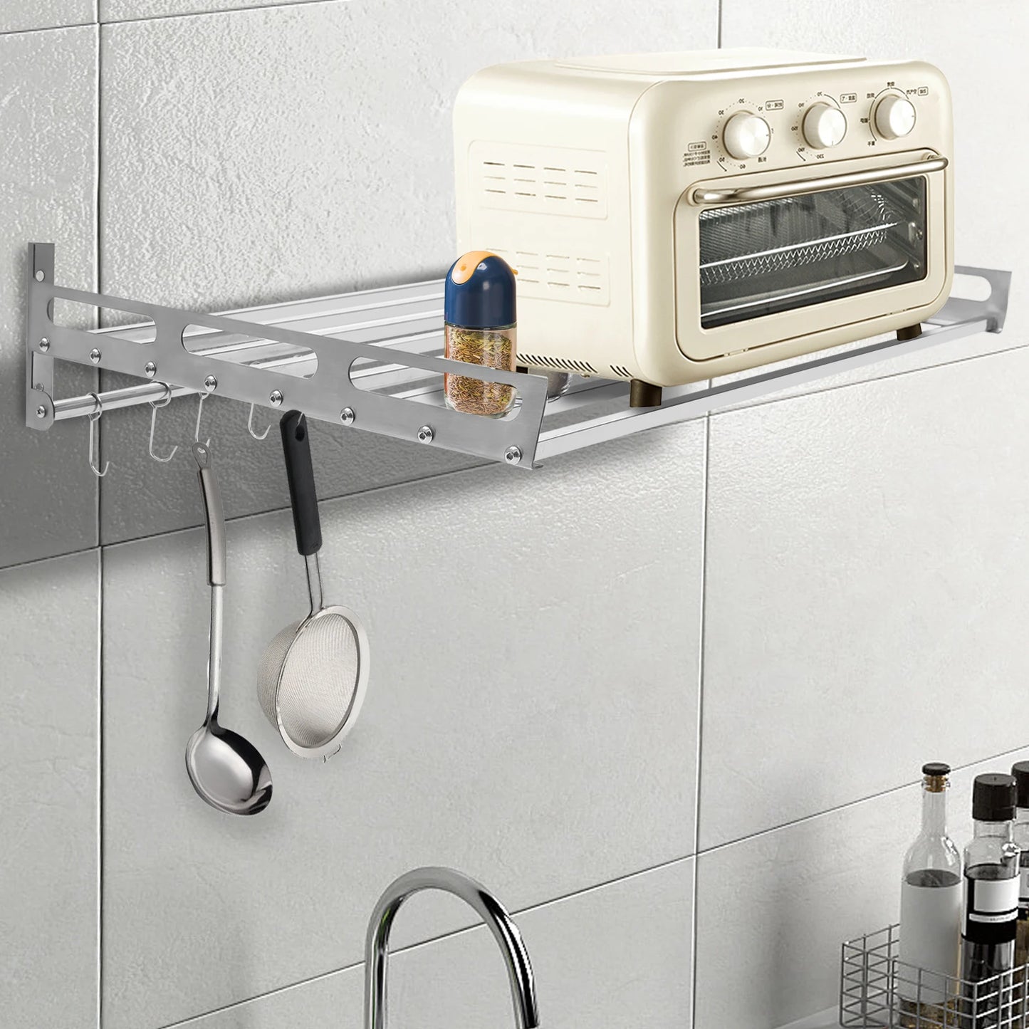 201 Stainless Steel Wall Shelf With Hooks Kitchen Rack