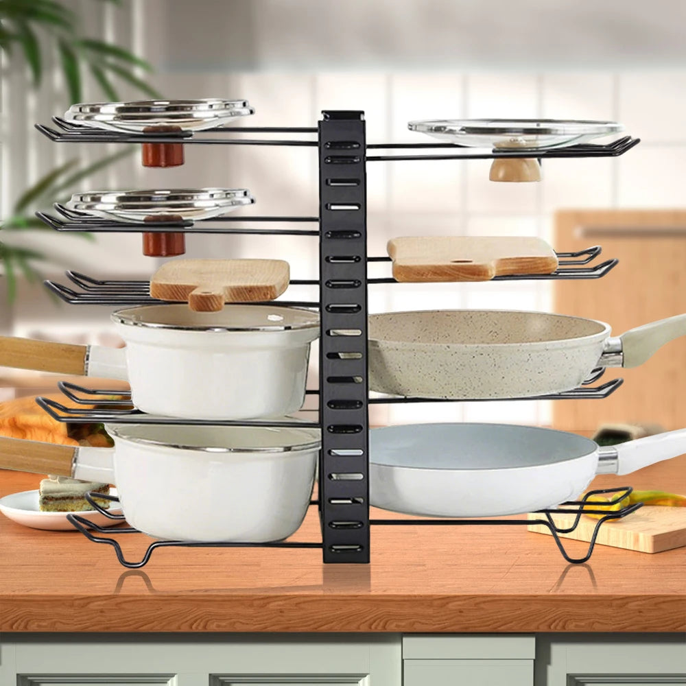 Eight-Tier Pot Rack Organizer Cabinet Cookware Storage