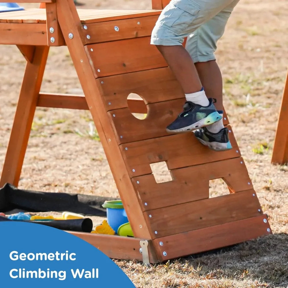 Wooden Backyard Swing Set With Sand Pit And Climbing Wall