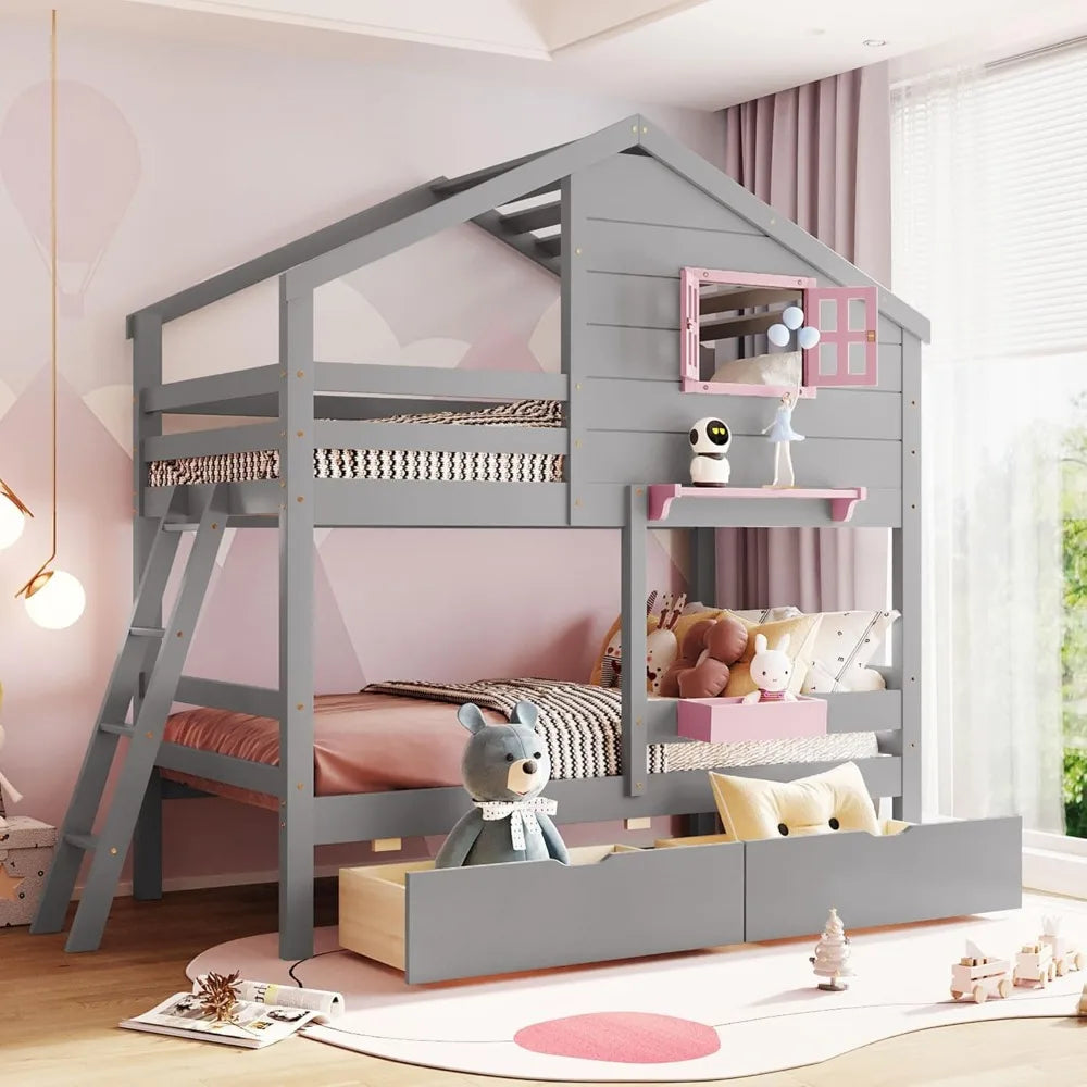 Twin Over Twin Bunk Bed With Drawers And Shelf Playhouse
