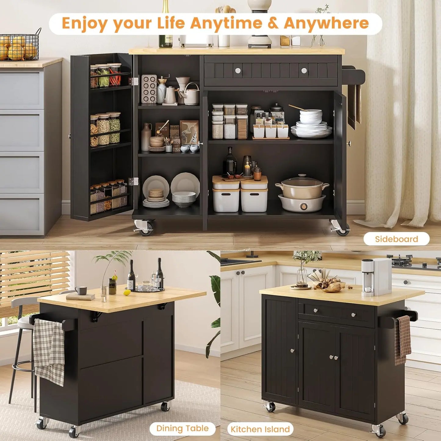 XMSJ Kitchen Island With Drop Leaf On Wheels And Storage