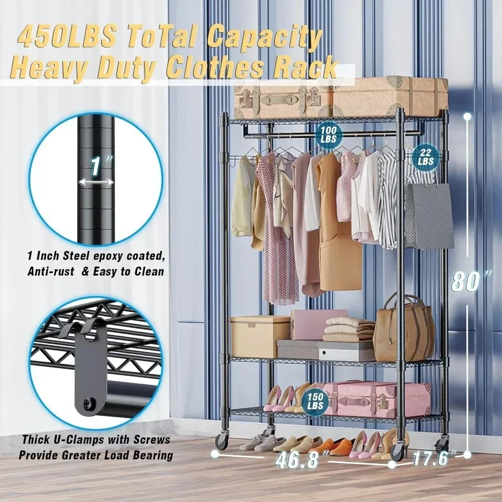 HUANZHUANG Mobile Wardrobe Rack With 3 Shelves And Side Hooks