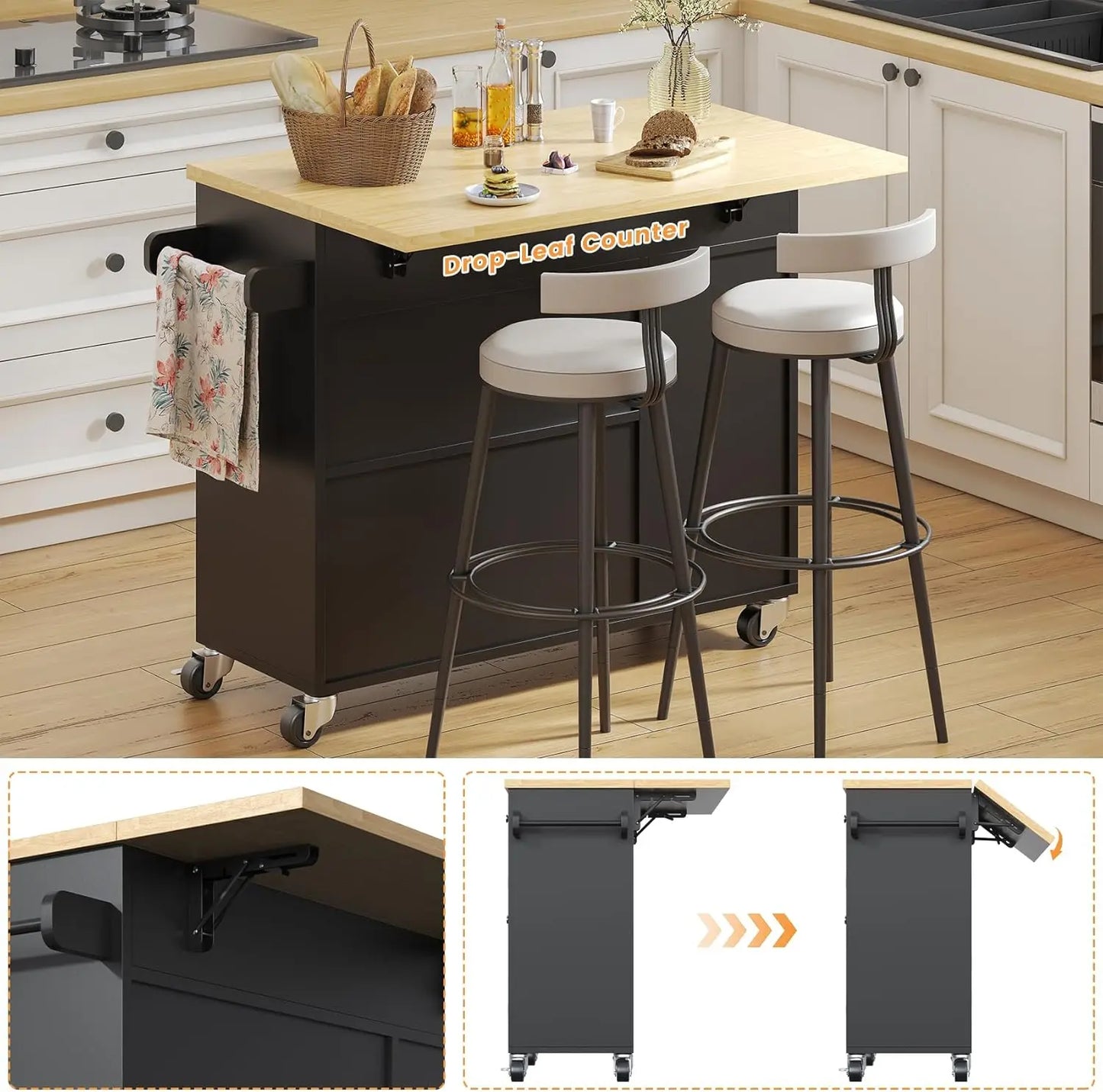 XMSJ Kitchen Island With Drop Leaf On Wheels And Storage