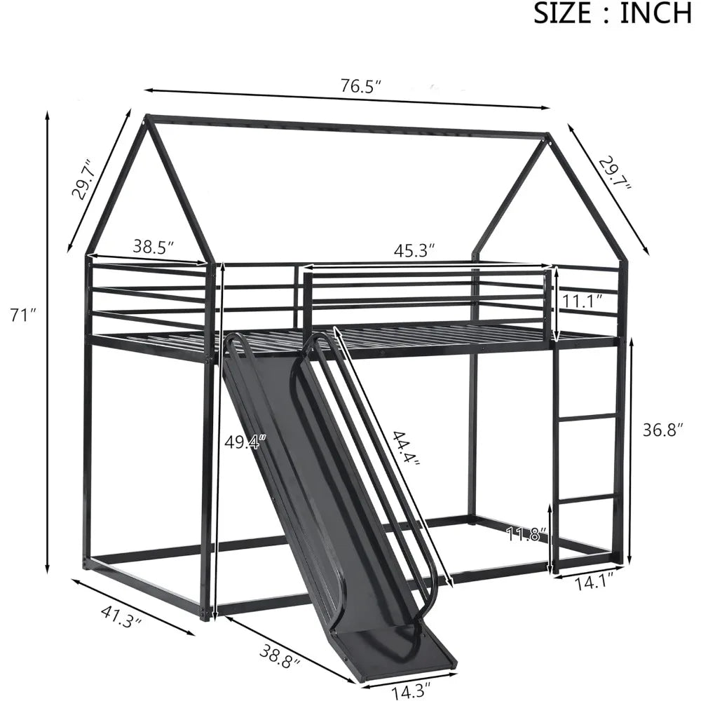 Twin Over Twin Metal Bunk Bed With Slide And Guardrail