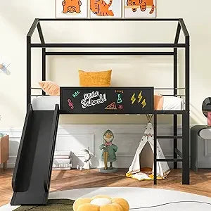 Twin Over Twin Metal Bunk Bed With Slide And Guardrail