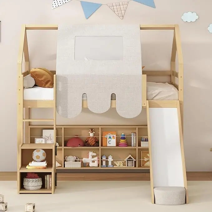 Twin Over Twin Bunk Bed With Drawers And Shelf Playhouse