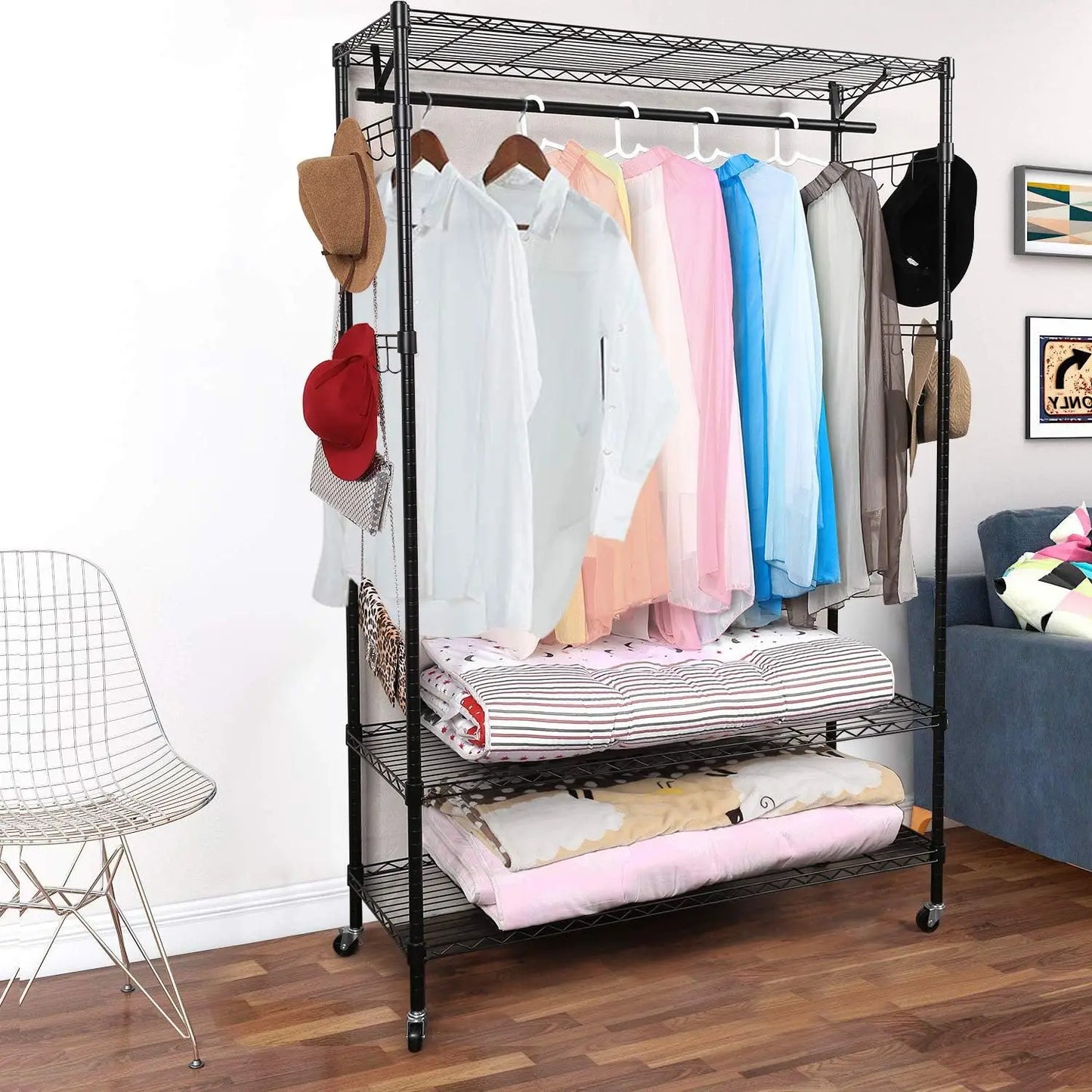 HUANZHUANG Mobile Wardrobe Rack With 3 Shelves And Side Hooks