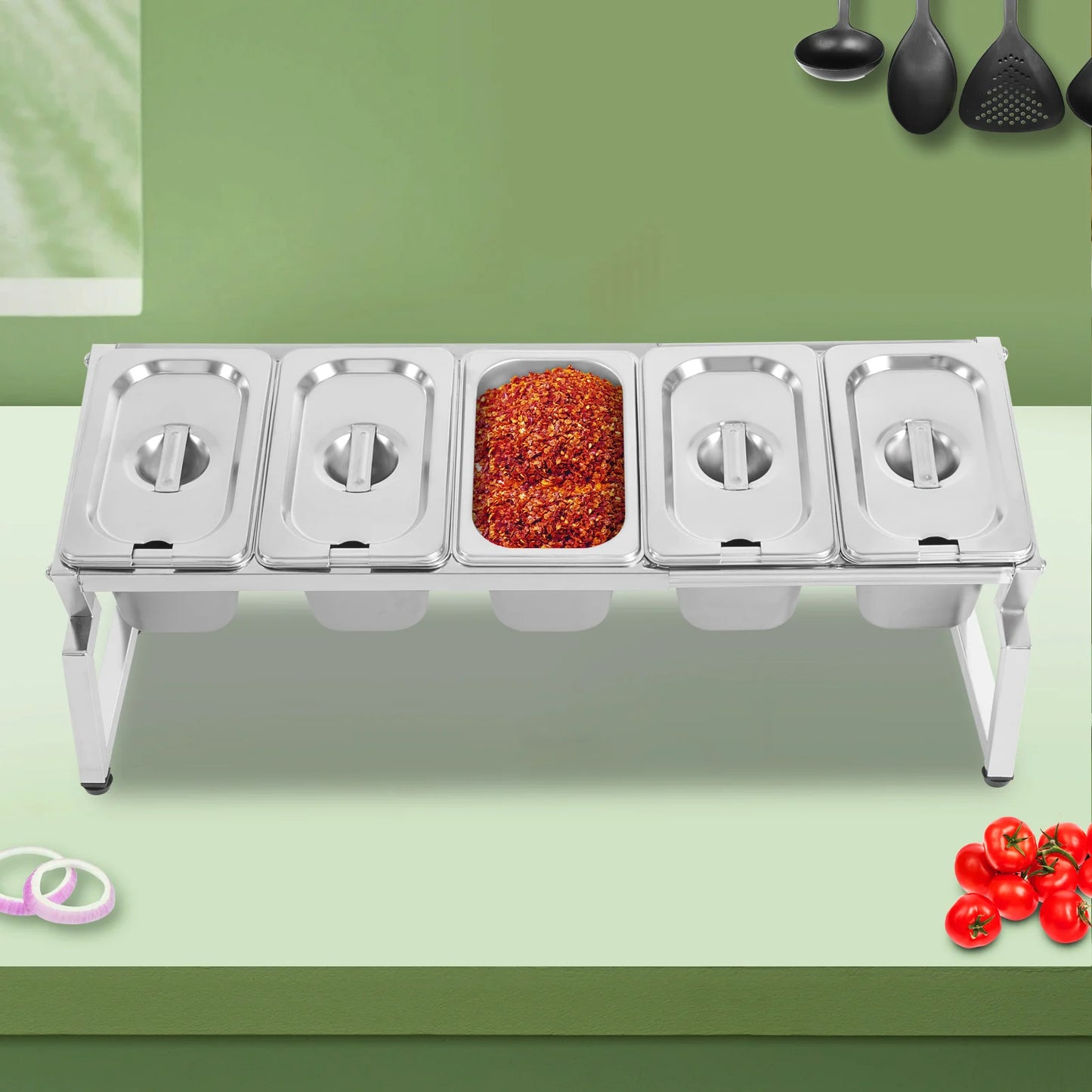 Stainless Steel Spice Rack With 5 Pans And Adjustable Length