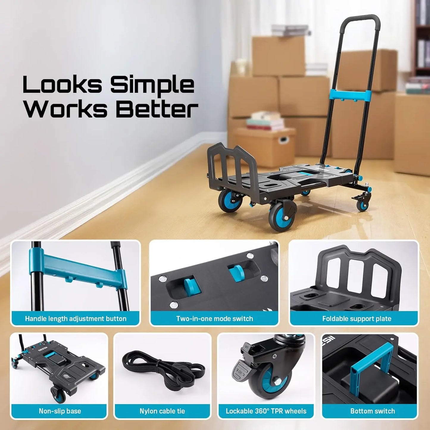 Seesii Folding Hand Truck Dolly 150KG TPR Wheels Heavy Duty