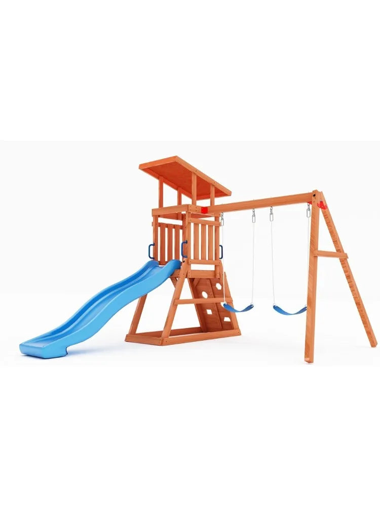 Wooden Backyard Swing Set With Sand Pit And Climbing Wall
