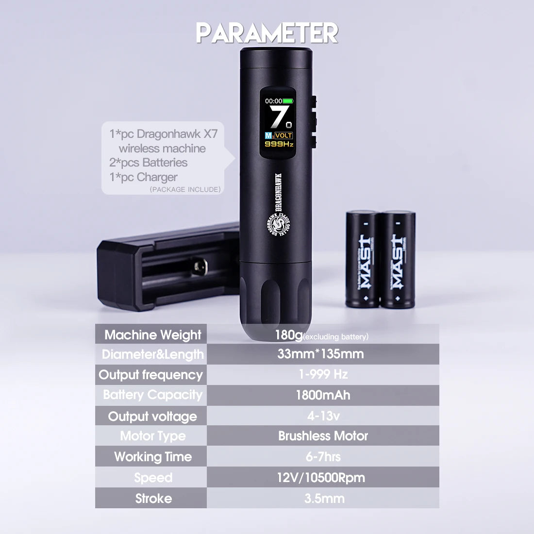 Dragonhawk X7 Wireless Tattoo Pen Rotary 1800mAh Battery