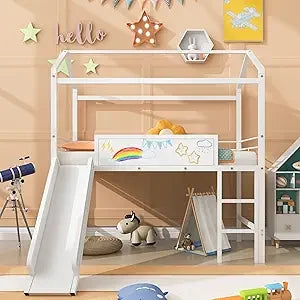 Twin Over Twin Metal Bunk Bed With Slide And Guardrail