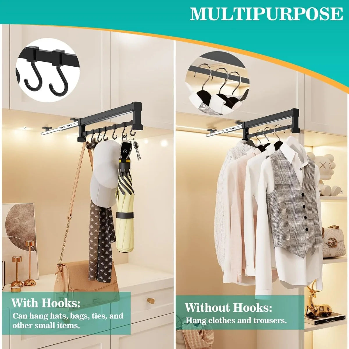 Adjustable Pot Rack With 7 Hooks Pull Out Pan Organizer