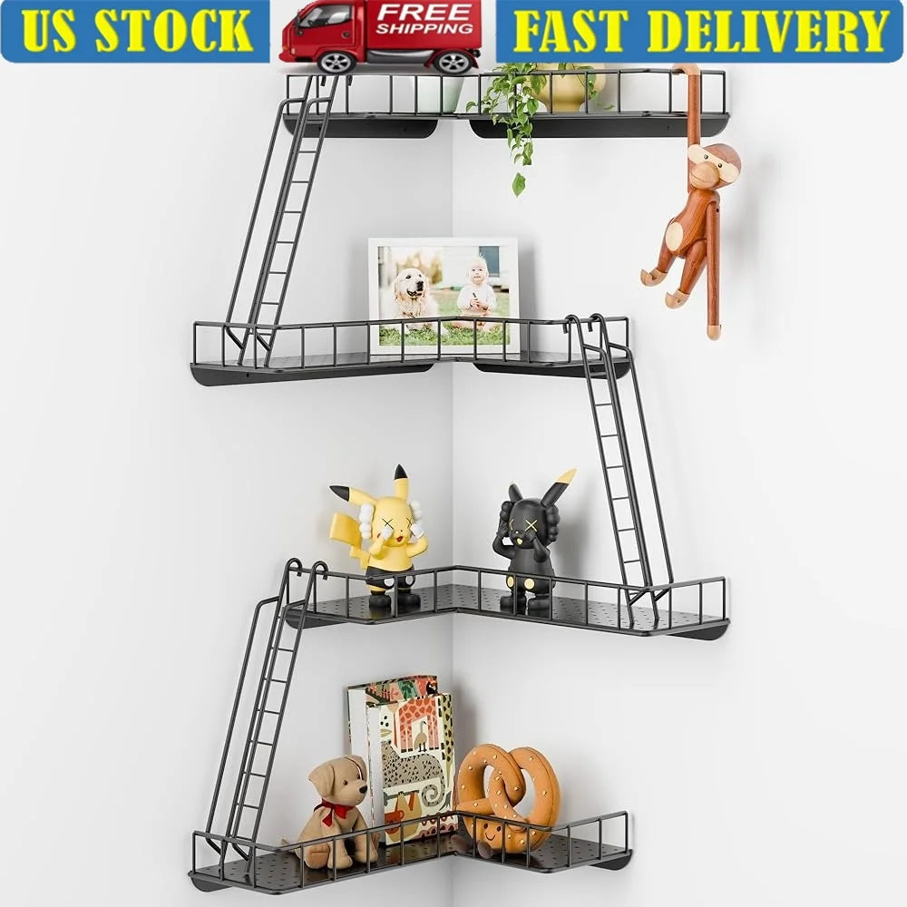 High Concerned 4 Tier Metal Ladder Corner Wall Shelf Space Saving Modern Home Decor Storage Solution Easy Install
