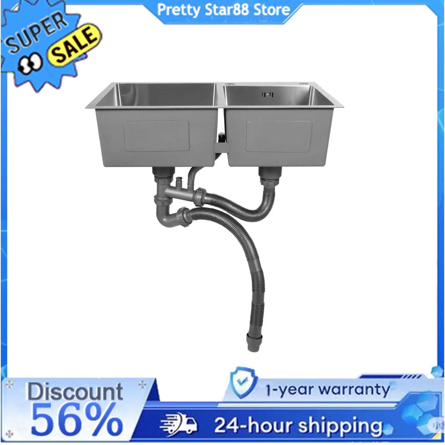 Downpipe Stainless Steel Double Bowl Kitchen Sink Anti Corrosion Basket