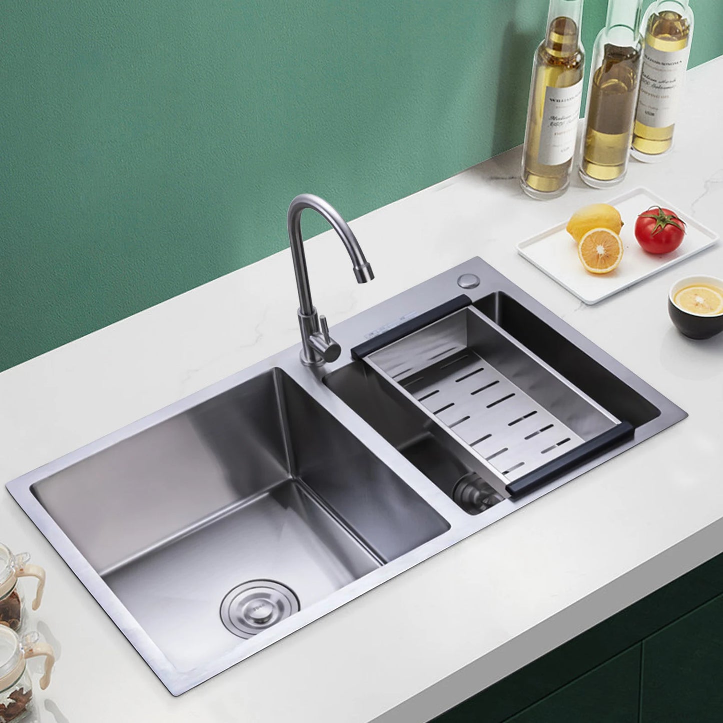 Downpipe Stainless Steel Double Bowl Kitchen Sink Anti Corrosion Basket