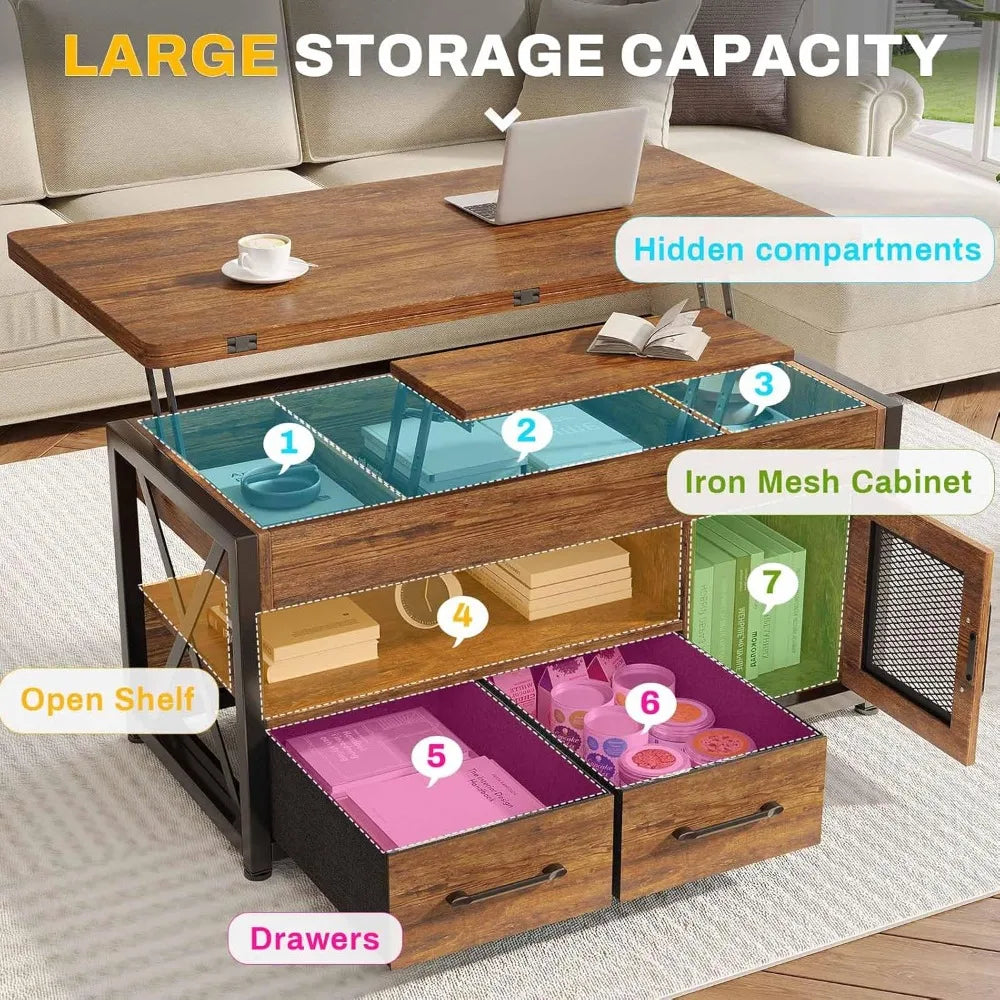 HUANZHUANG Lift Top Coffee Table With Storage Cabinet 4 In 1 Farmhouse Living Room