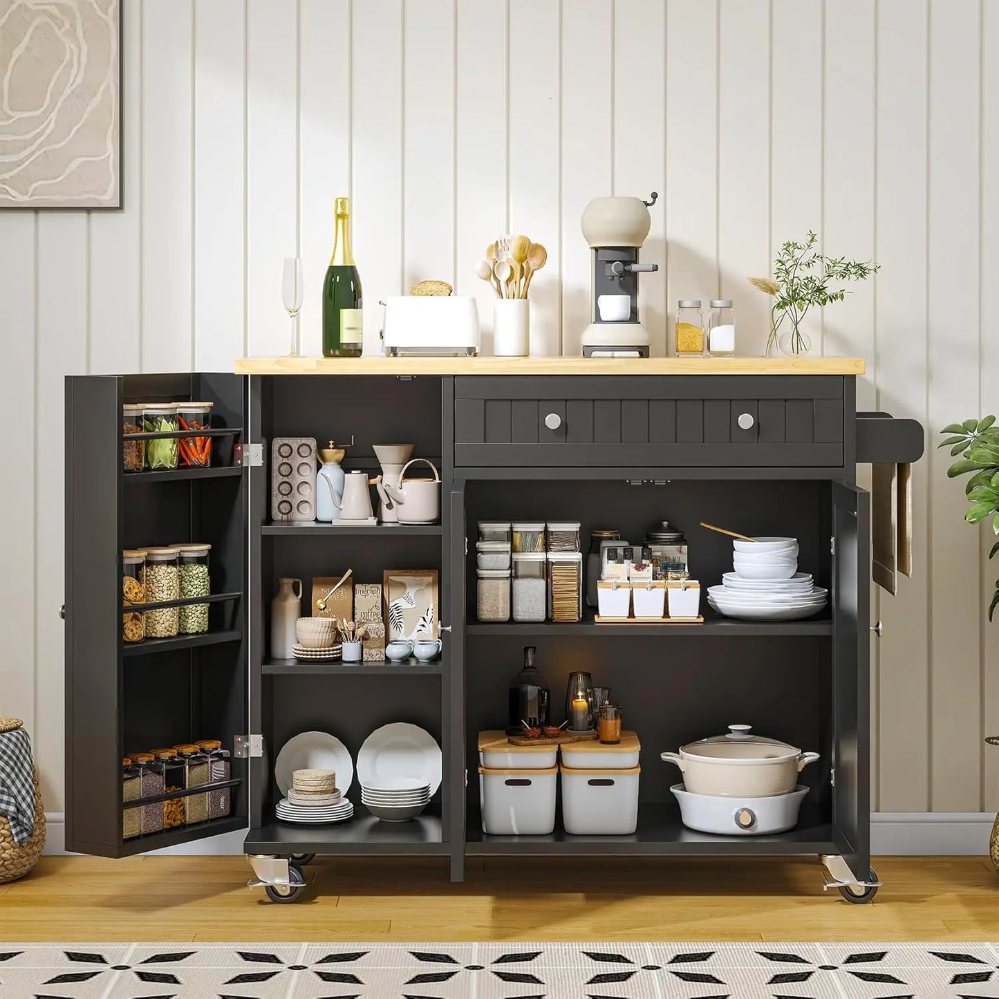 XMSJ Kitchen Island With Drop Leaf On Wheels And Storage