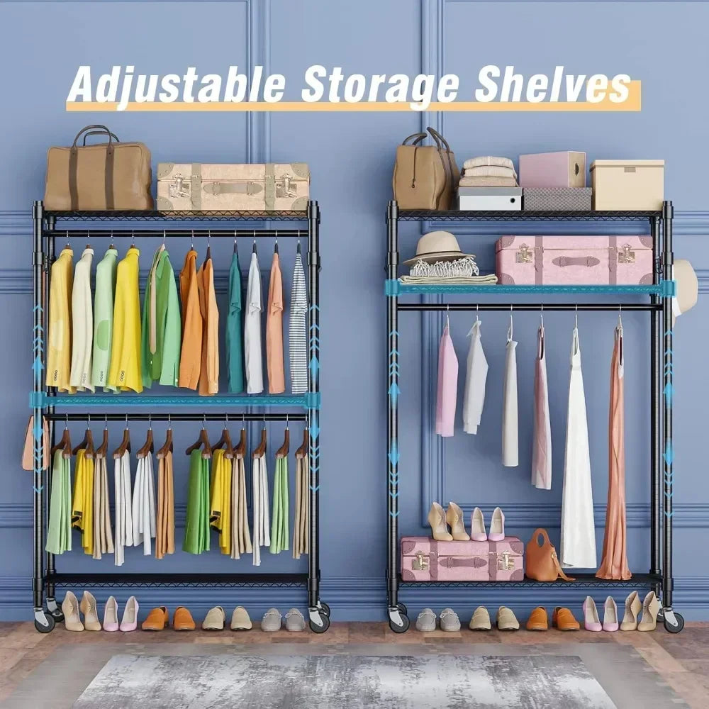 HUANZHUANG Mobile Wardrobe Rack With 3 Shelves And Side Hooks