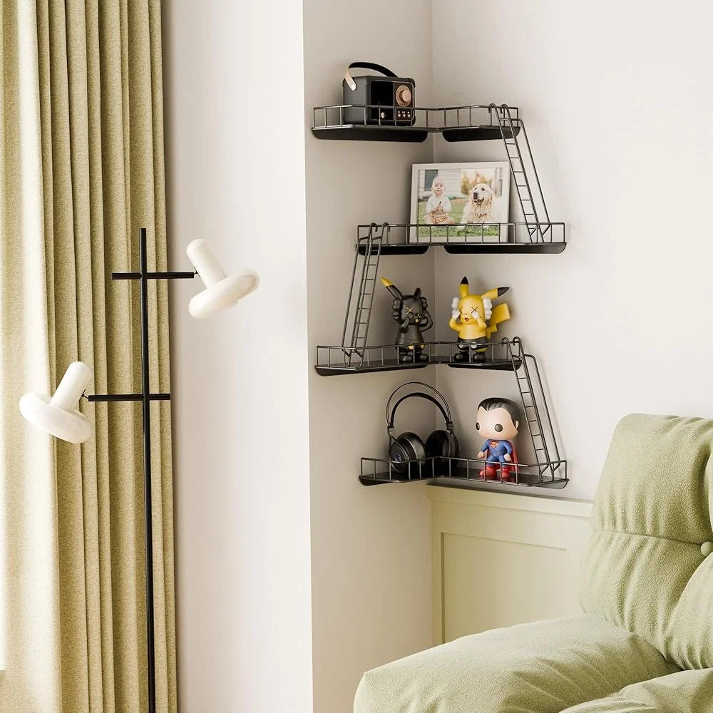 High Concerned 4 Tier Metal Ladder Corner Wall Shelf Space Saving Modern Home Decor Storage Solution Easy Install