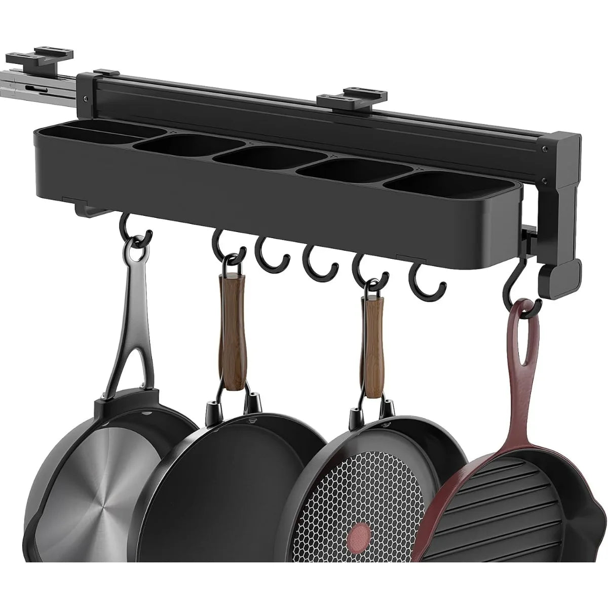 Adjustable Pot Rack With 7 Hooks Pull Out Pan Organizer