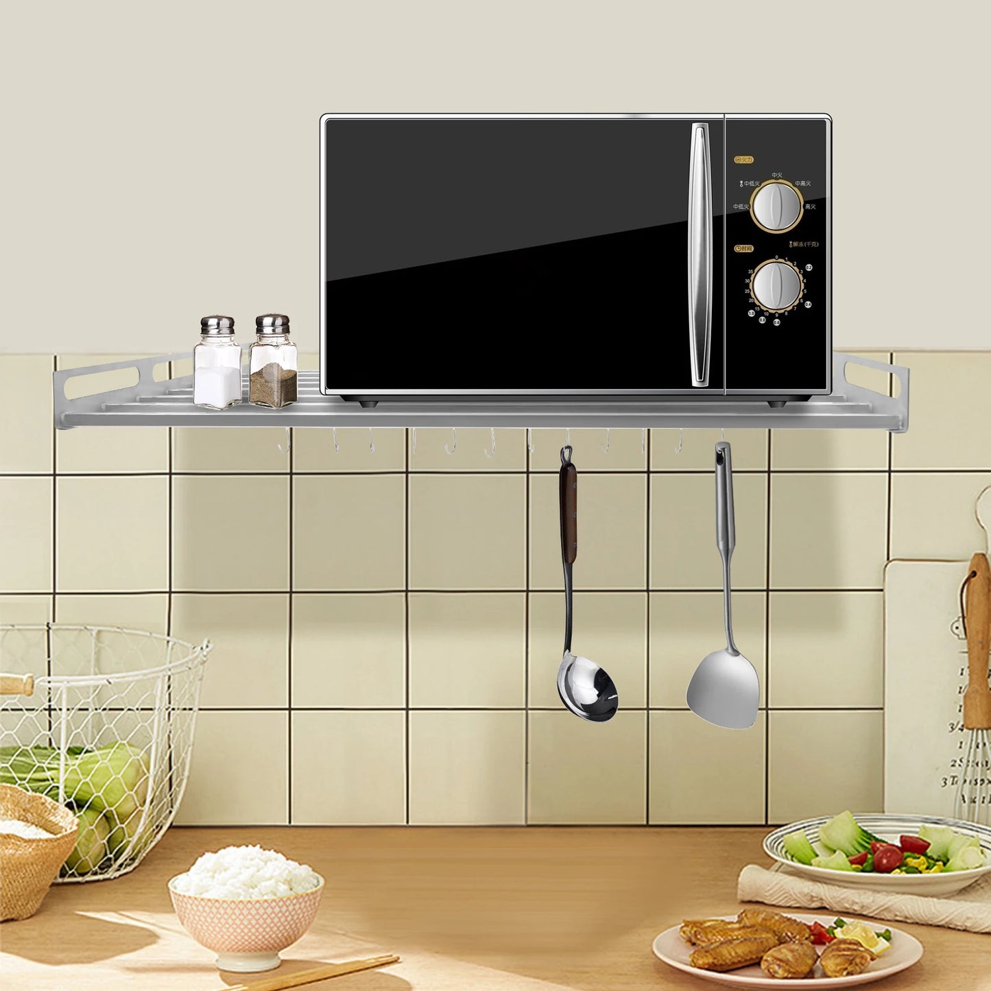 201 Stainless Steel Wall Shelf With Hooks Kitchen Rack