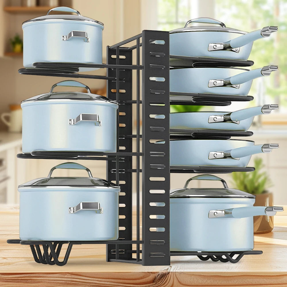 Eight-Tier Pot Rack Organizer Cabinet Cookware Storage