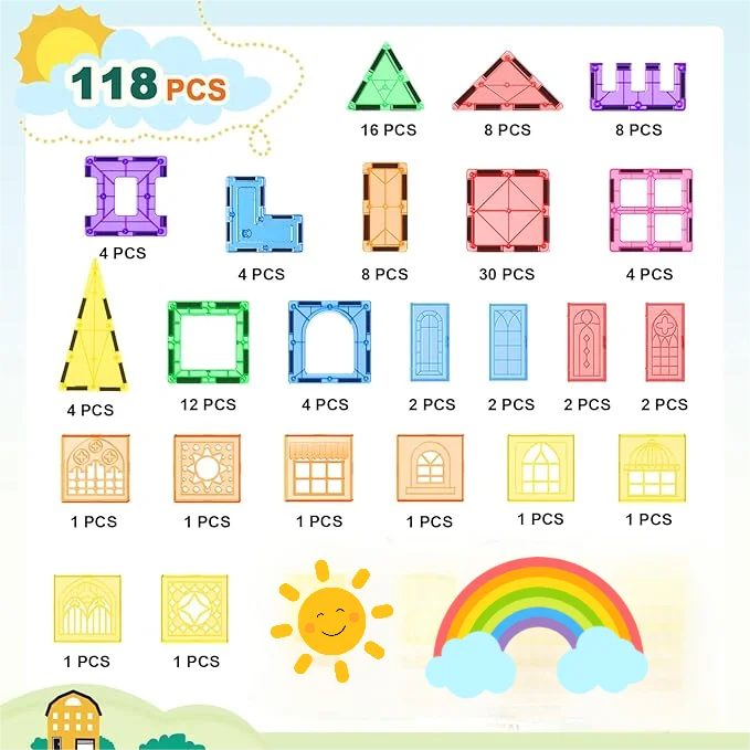 Coodoo Magnetic Tiles 118Pcs STEM Building Blocks for Kids